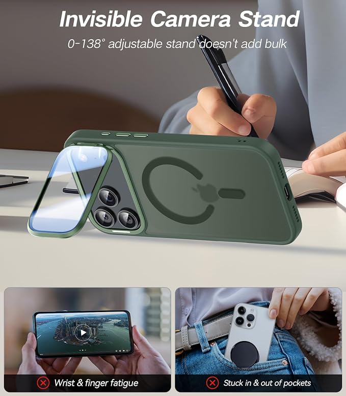 VOFATA [Upgraded Full Camera Protection] for iPhone 17 Pro Case with Camera Cover Stand [Fit for MagSafe][10FT Mil-Grade Protection] Translucent Magnetic iPhone 17 Pro Phone Case, Green - Image 3