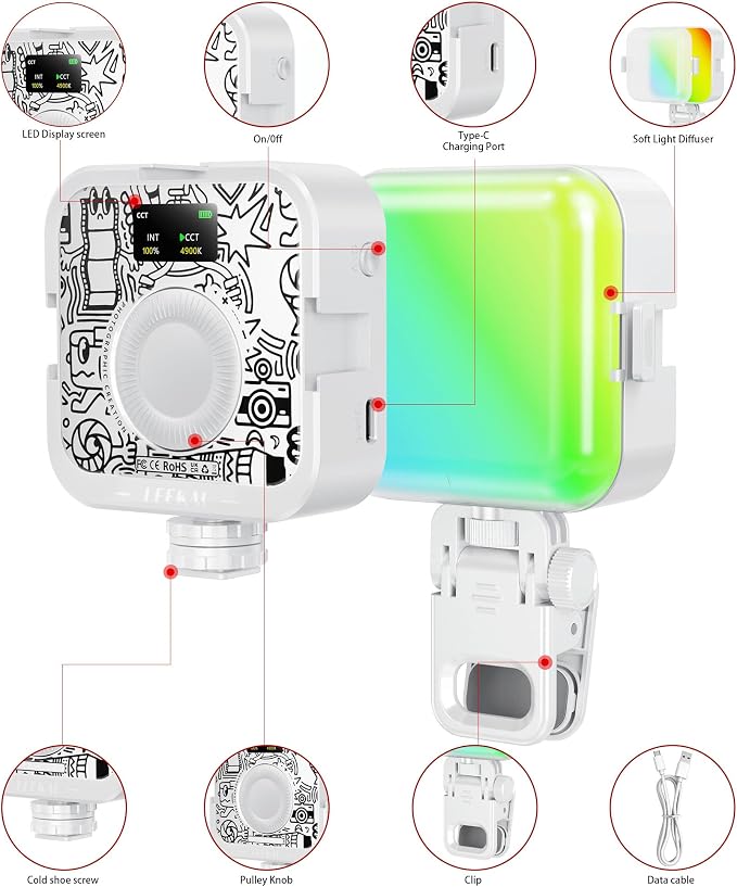 RGB Video Light, Magnetic Portable Fill Light with Clip for Phone/Laptop | LEEKAI P6 CRI 95+ 2500K-9000K, 2000mAh Rechargeable LED Camera Light for YouTube TikTok Zoom Meetings - Image 3