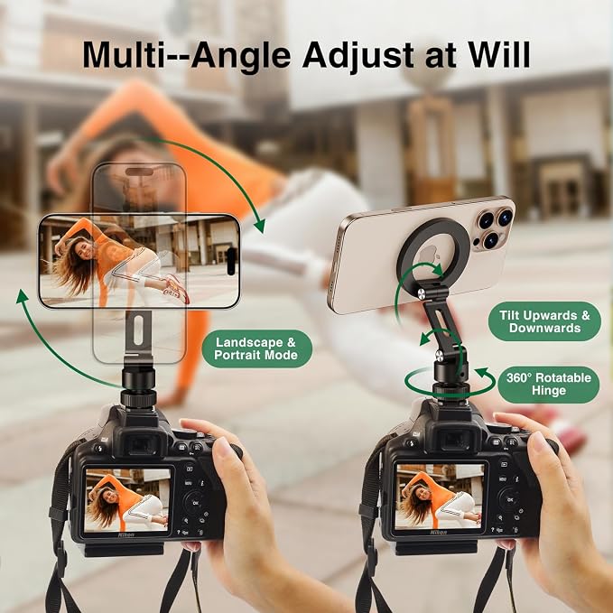 elitehood Magnetic Camera Phone Mount, Magsafe iPhone Tripod Mount | 360° Rotatable Cold Shoe Base, iPhone Tripod Adapter 1/4” Screw & Hot Shoe, 180° Tilt Cell Phone Holder for Tripod Attachment - Image 4