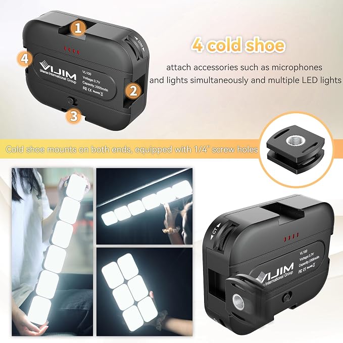 VIJIM VL100C Bi-Color LED Video Light on Camera Adjustable Angle Dimmable | 2500-6500K CRI95+, Rechargeable Type-c, Build-in 2000mAh , with 4 Cold Shoes, Mini Hot Shoe Swivel Mount for Tripod Mic Vlog - Image 4