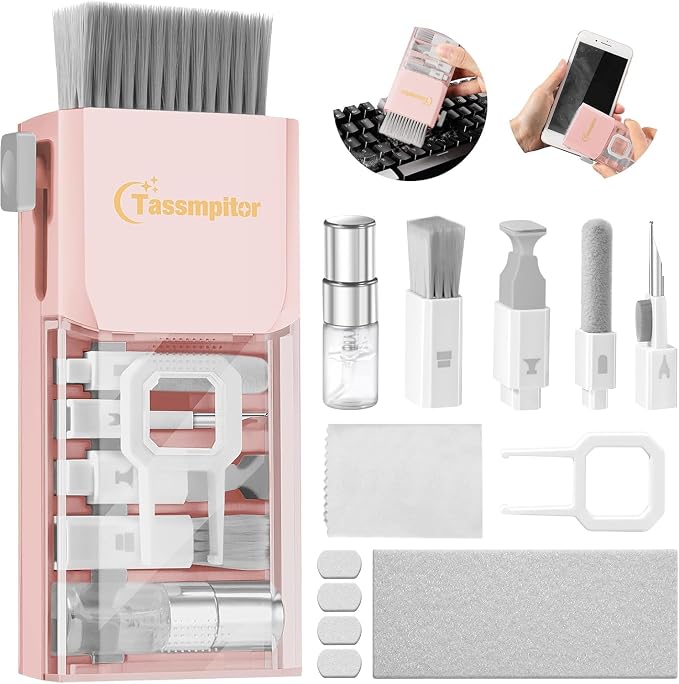 Keyboard Cleaning Kit, All-in-One Laptop & Computer Screen Cleaner, Pink | Multi-function Electronic Cleaner, Soft Bristle Brush, Computer Screen-safe Spray, Compact, for MacBook, iPad, iPhone, earbud by Tassmpitor