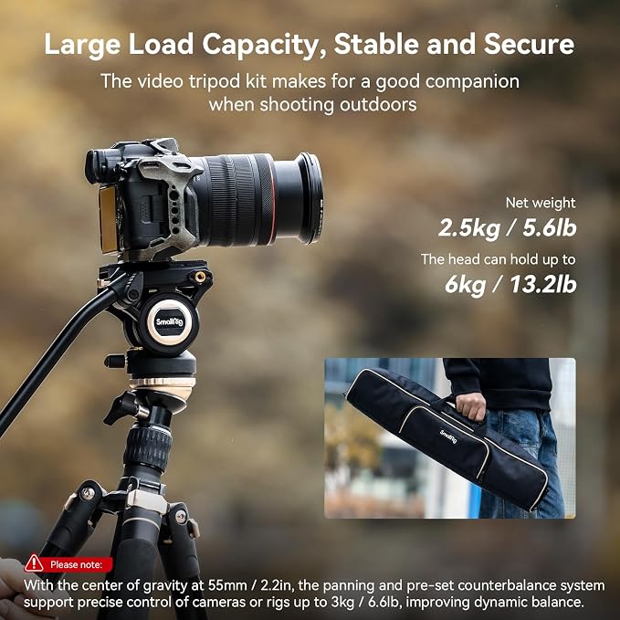 SmallRig CT210 Video Tripod, 75" Video Camera Tripod Monopod with +/-15° Leveling Base Fluid Head, Professional Camera Tripod Compatible with Video Camera, DSLR, Camcorder-4475 - Image 5