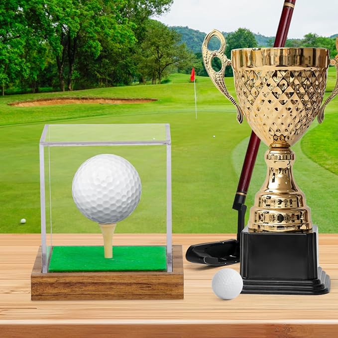 2 Pack Clear Acrylic Golf Ball Display Case with Wood Base & Tee, Memorabilia Stand Cube Holder, Dust Protection Transparent Storage Box for Single Ball Souvenir Golfball Collections - Image 4