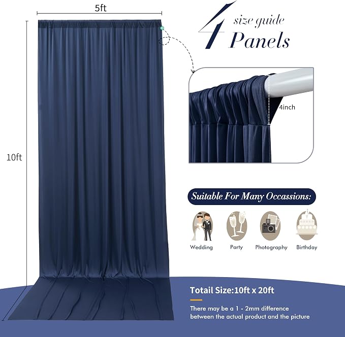 20 ft x 10 ft Wrinkle Free Navy Blue Backdrop Curtain for Parties,Polyester Photo Backdrop Drapes, Thick Background 4 Panels 5ft x 10ft for Baby Shower Wedding Birthday Party Backdrop Stand - Image 5