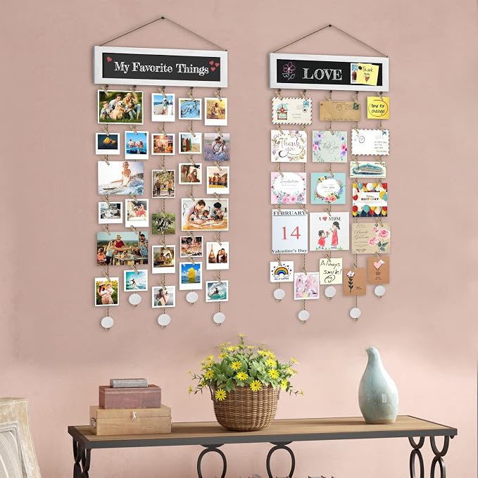 Bikoney Hanging Picture Frame Collage with Blackboard - White | Rustic Wood Polaroid Board with 30 Clips, Photo Display for Wall Decor & Dorm Room, Perfect Graduation Gift Idea - Image 9