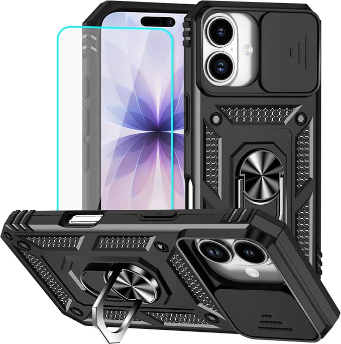 HNHYGETE for iPhone 17 Case with Screen Protector: [Military Grade 20ft. Drop Tested] Slide Camera Cover Ring Shockproof Protective Phone Case for - iPhone 17 (Black) by HNHYGETE