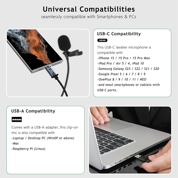 USB-C & USB-A Lavalier Microphone for Smartphones & Computers, 6.6 ft | Omnidirectional Clip-on Mic for iPhone 17/16/15, Samsung, Google, OnePlus and PCs, Ideal for YouTube, Interviews and Podcasts - Image 5