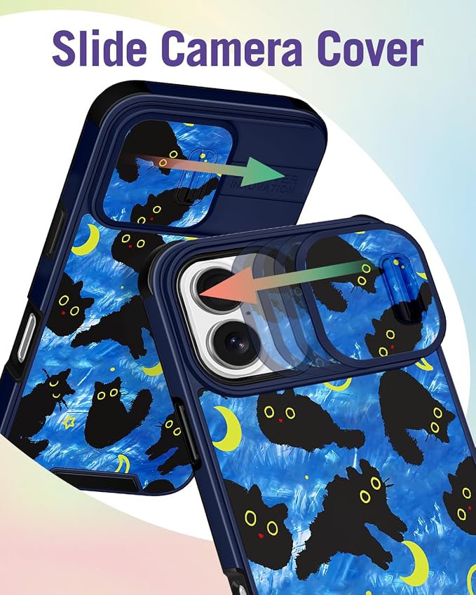 Buleens for iPhone 17 Case 6.3 Inch - with Ring Stand & Camera Cover Aesthetic Cute Designed for Women Girls Girly Kawaii Blue Cat Stars Teen Phone Case for iPhone 17 Compatible with Magsafe - Image 3
