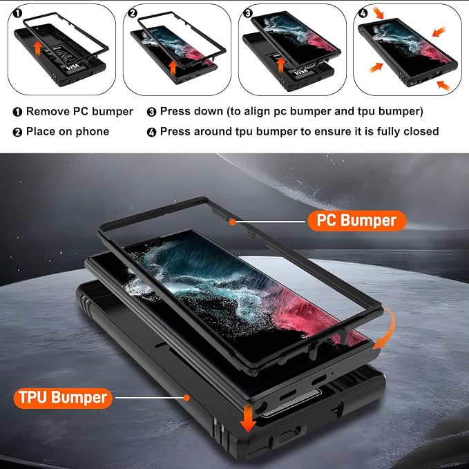 Gritup for Galaxy S22 Ultra Case Military-Grade Shockproof with Kickstand | with 2 PCS Screen Protector, Slide Camera Cover, Heavy Duty Outdoor Protection Funda para Samsung S22 Ultra Cover, Black - Image 4