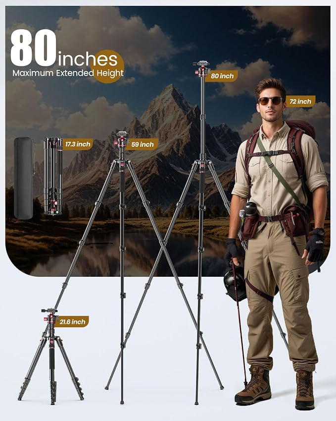 CAMBOFOTO 80“ DSLR Camera Tripod & Monopod, Photography 360 Ball Head | Professional Aluminum Tripod with Carry Bag for Binoculars Laser Telescope (Weight 3.35 Lbs, 15Lbs Load) - Image 4