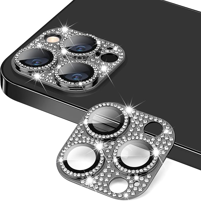 for iPhone 13 Pro & iPhone 13 Pro Max Camera Lens Protector, Bling 3D Rhinestone Diamond 9H Tempered Glass Camera Cover Anti Scratch Shockproof Metal Lens Screen Full Protective Cover -Graphite by Hsefo