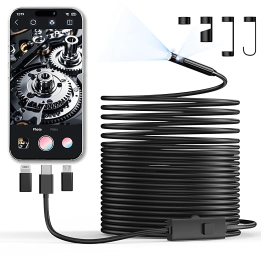 Endoscope Camera with Light, 1920P HD Borescope Inspection Camera | with 8 Adjustable LEDs, IP67 Waterproof Semi-Rigid Snake Cable for Android, iPhone, and iPad(32.8ft, Dual Lens) by CTEOUNPT