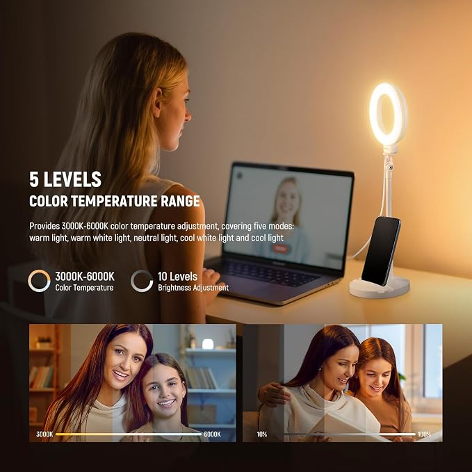 NEEWER BASICS 5"/13cm Desk Ring Light with Stand, 10W LED Selfie Light with Phone Holder Base Compatible with iPhone for Video Recording Laptop Webcam Zoom Video Conference Lighting Makeup, White BR60 - Image 3