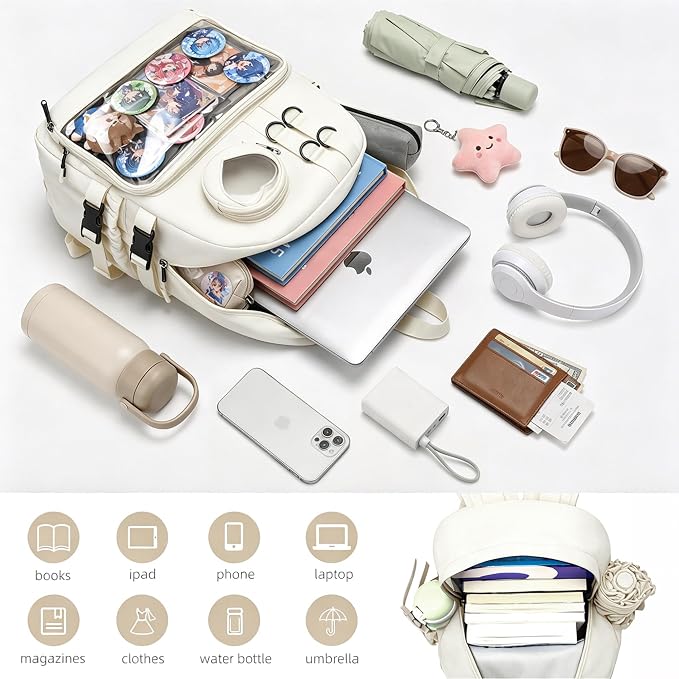 Ita Bag Backpack with Insert - Kawaii Pin Display Clear Window Bookbag, Y2K Aesthetic Laptop Backpack for Anime Cosplay School, Fits 15.6" Laptop, White - Image 4