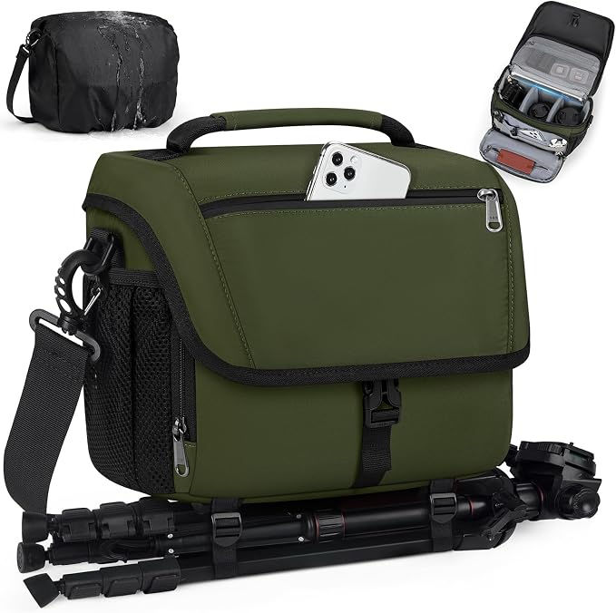 RAINSMORE Camera Bag, DSLR SLR Mirrorless Camera Case for Photographer | Waterproof Camera Sling Bag with Rain Cover & Tripod Holder Soft Padded Crossbody Camera Bag for Sony Canon Nikon Fujifilm by RAINSMORE