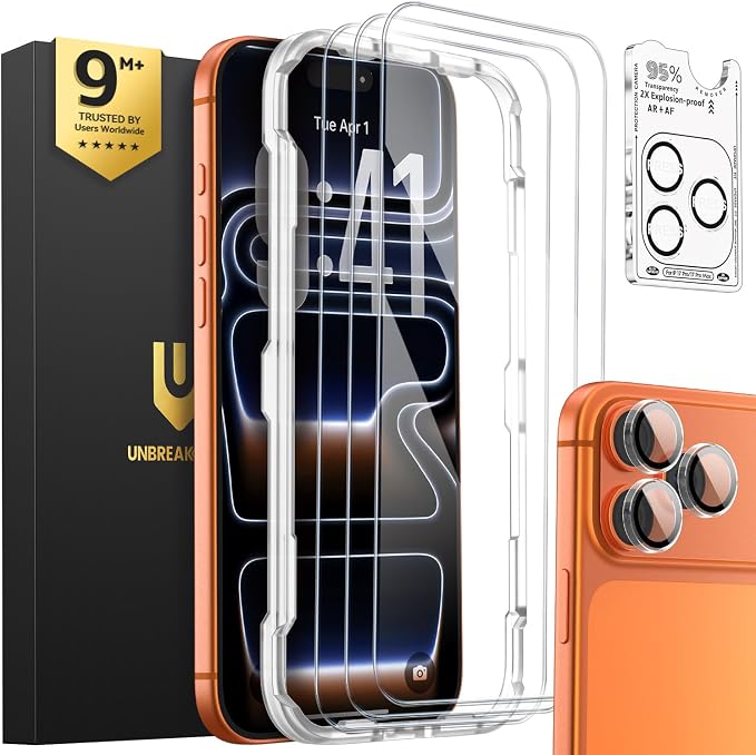 UNBREAKcable iPhone 17 Pro Screen Protector & Camera Lens Protector | Upgraded Dual-Tempered Glass with Military-Grade 9H Hardness, 3-Pack,HD Clarity, Anti-Fingerprint, Case Friendly, Fits 6.3'' by UNBREAKcable
