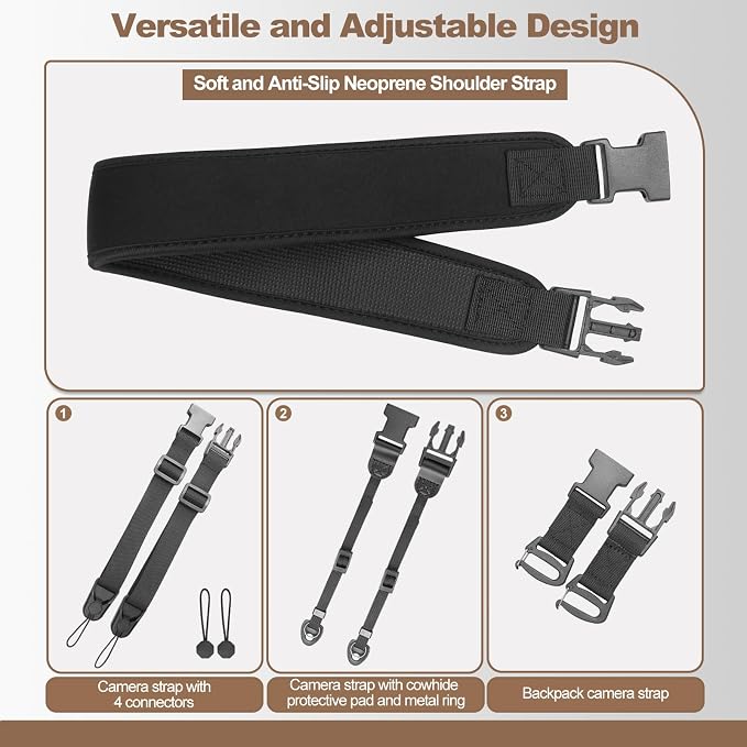 YFWE Adjustable Camera Neck Strap, Soft Neoprene Shoulder Belt with 4 Connection Ways, Anti-Slip Camera Strap for DSLR, Mirrorless & Camcorder, Travel & Outdoor Photography Gear - Image 4
