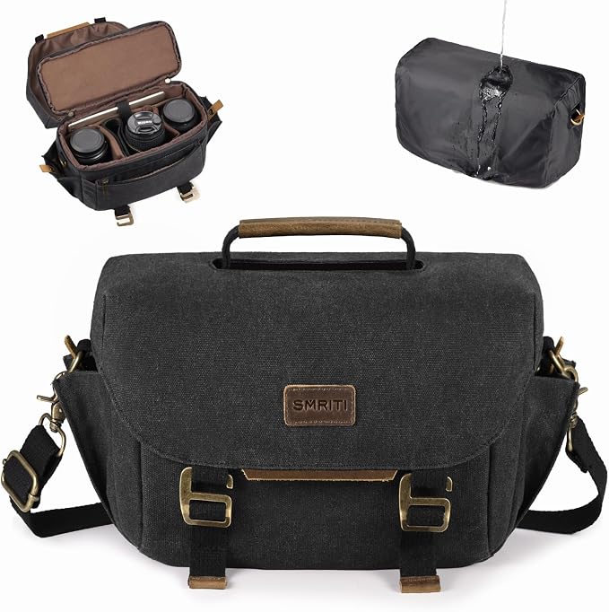 SMRITI Canvas DSLR Camera Bag Crossbody, Waterproof Messenger Camera Sling Bag for Photographers, Small Camera Bag with Rain Cover, Travel Shoulder Camera Case for Cannon Nikon Sony (Black) by SMRITI