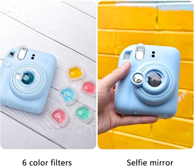Rieibi Accessories for Fujifilm Mini 12, Gift Bundle Includes Clear MINI12 Case with Strap, Mini Photo Album, Selfie Mirror, DIY Stickers, Color Filter (No Camera) - Blue - Image 5