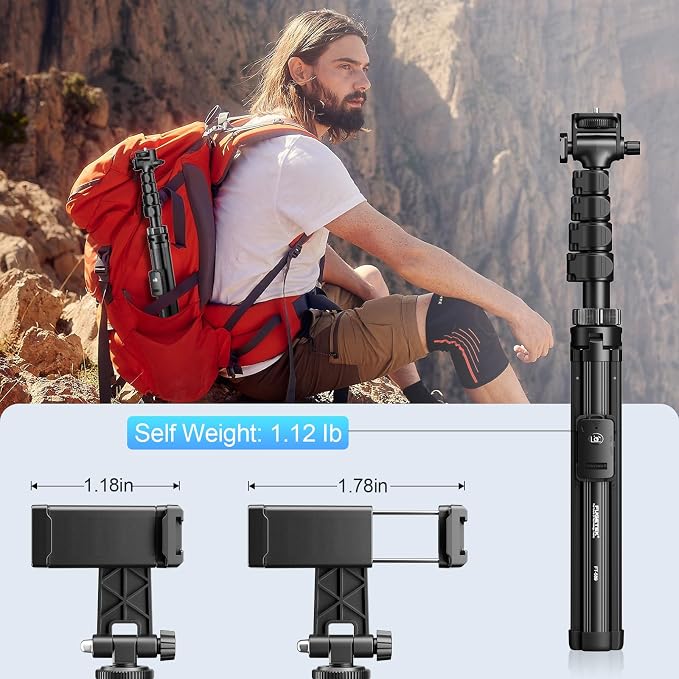 Fugetek 62" Professional Cell Phone Tripod, Ultra Stable 4 Leg Design, Bluetooth Remote, 100% All Aluminum Stick & Legs, Portable All in One, 360° Phone Mount with 2 Cold Shoe Slots, Non Skid Feet - Image 7