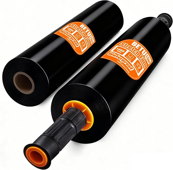 Black Stretch Wrap Shrink Film for Moving Supplies (15inch, 2 Pack) x 1000ft, Industrial Strength Plastic Wrap Stretch Roll for Privacy Protection Pallet Shipping Moving Boxes Furniture with Handles by BETU