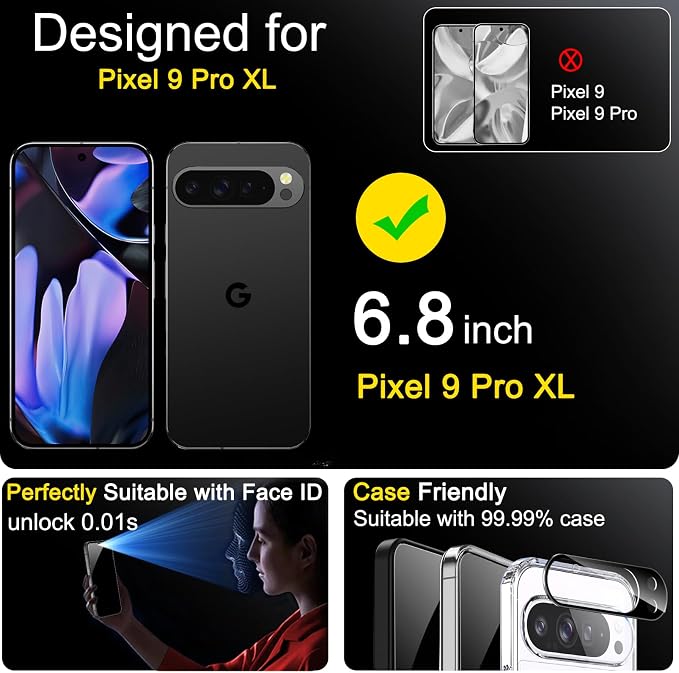 Ferilinso Privacy Screen Protector for Google Pixel 9 Pro XL,Tempered Glass | 3 Pack, 9H Hardness, Military-Grade Shatterproof, Case Friendly, Easy Installation Bubble Free, with Camera Lens Protector - Image 2