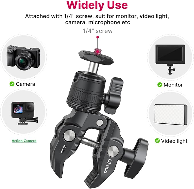 ULANZI R099 Super Clamp Camera Mount with 360° Ballhead | Clamps 0.51-2.36in Pole Tube, 3.3lb Load, for Bike Motorcycle Handlebar Insta360 GoPro DJI Phone DSLR Light Monitor - Image 3