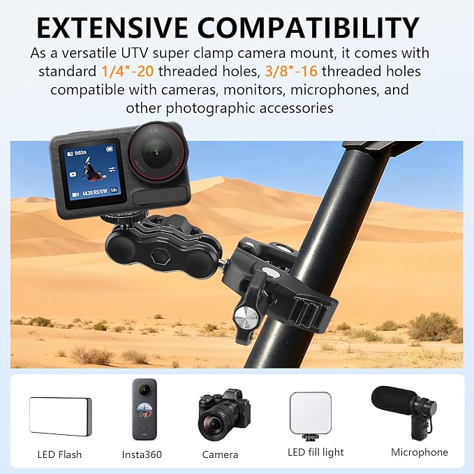 Chelhead Super Clamp Camera Mount with Phone Holder for Up to 3" Tubes | Dual 1/4"-20 & 3/8"-16 Threads, Compatible with DSLR Cameras, Action Cameras, LED Lights, Gimbals & Tripods - Image 2
