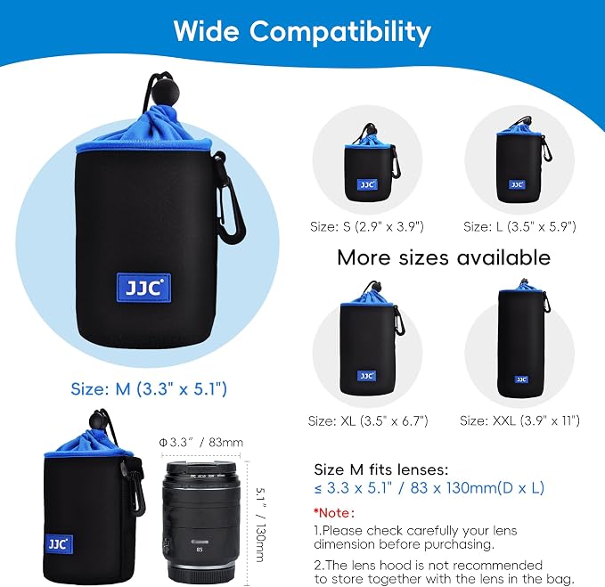 JJC Neoprene Camera Lens Pouch Case, Drawstring Bag for Lens up to 3.3x5.1" | Water-Resistant, Soft Padded, with Carabiner, Compatible with Canon RF 85mm, EF-S 18-135mm, Sony E 18-105mm, E 55-210mm - Image 3
