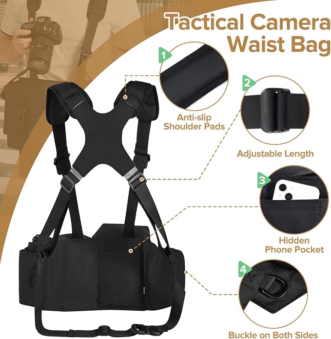 Camera Belt Camera Vest for Photographers,Vest Waist Pack for Lens | Multifunctional Camera Bag Adjustable Strap Suitable for Storing DSLR Camera Body Lens Smartphone Water Bottle(Black) - Image 2