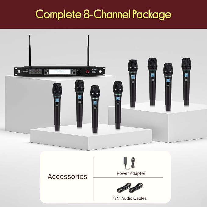 Pyle 8 Channel UHF Wireless Microphone System with 8 Handheld Mics, 300 Ft Range, Rack Mount Receiver for Karaoke, Worship, Schools & Live Events - Image 7