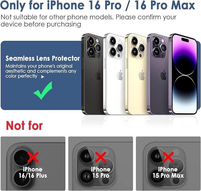 FanTEK Camera Lens Protector Compatible with iPhone 16 Pro / 16 Pro Max, 9H Tempered Glass Camera Screen Cover, Ultra HD Clear Acrylic Full Coverage Guard, Case Friendly - Image 2
