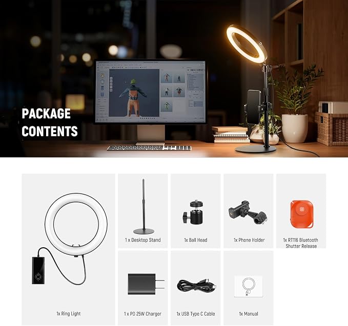NEEWER 12" 24W High Power Desk Ring Light with Stand/Phone Holder, LED Selfie Video Conference Lighting for iPhone Streaming Makeup Vlog Recording Laptop Computer Webcam Zoom Call Podcast, RH12B - Image 9
