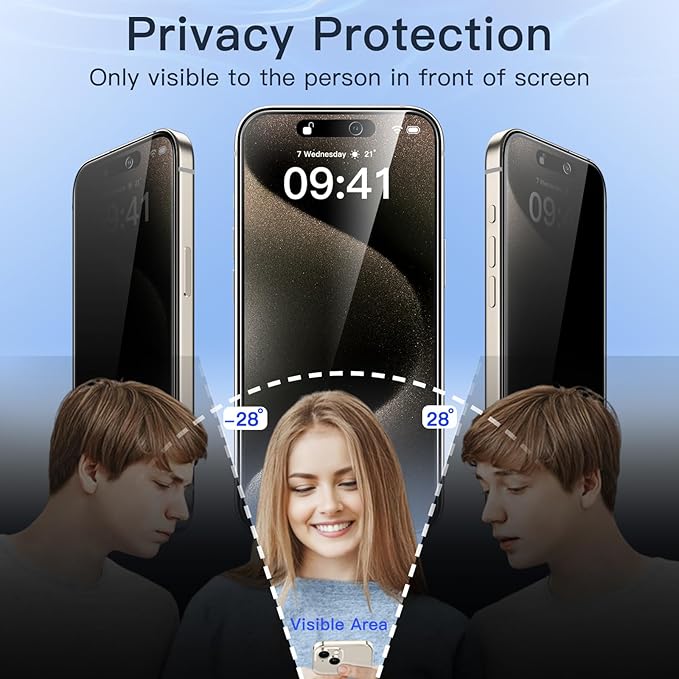 JETech Privacy Screen Protector for iPhone 15 Pro Max, 2+2 Pack | Anti-Spy Tempered Glass, with Camera Lens Protector, Easy Installation Tool - Image 4