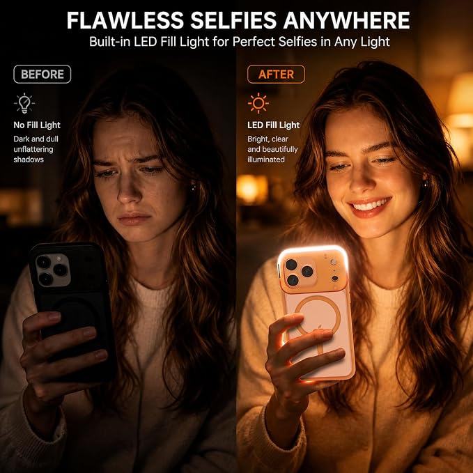 tesha Selfie Light Case for iPhone 17 Pro Max, MagSafe, Camera Detector | 2-Level LED Brightness, IR Hidden Camera Scanner, Drop Protection, Rechargeable Light Up Cover, No APP Needed for Video Vlog - Image 2