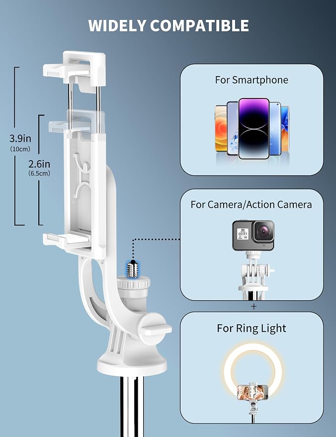 71" Cell Phone Selfie Stick Tripod, Smartphone Tripod Stand with Remote, Extendable Travel Phone Selfie Stick Compatible with iPhone 17/16/15/14/13 Pro Max Gopro Android DJI (White) - Image 4