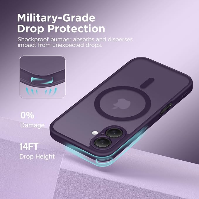 CAPRARO for iPhone 16 Case, Compatible with MagSafe | Upgraded [Full Camera Protection] Protective Translucent Matte Women Girl Magnetic Phone Case Cover, Deep Purple - Image 5