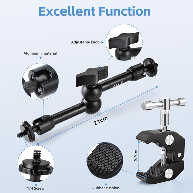 UTEBIT 9 inch Magic Arm with Super Clamp and 360° Ball Heads, Black | Articulating Magic Arm Camera Mount with 1/4" & 3/8" Threads Screws for Monitor,Flash, Microphone, Camera Cage, Action Camera - Image 2