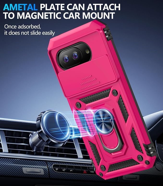 Taisairu for Google Pixel 10A Case with Screen Protector & Slide Camera Lens Cover,Built-in 360°Rotate Magnetic Ring Stand Shockproof Protective Phone Case for Google Pixel 10A Case (Hot Pink) - Image 5