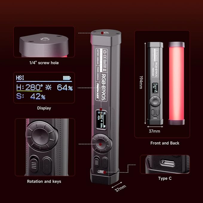 PHOTOOLEX 360°RGB Tube Light, LED Video Light Wand, Magnetic Light Stick | 2500K-9900K/360° Full Color/CRI 96+/2600mAh/Rechargeable/Handheld, Photography Light Bar for TikTok YouTube - Image 6