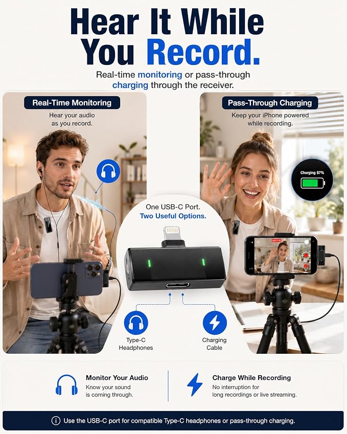 Wireless Lavalier Microphone for iPhone14/13/12, 2 Mics, Lightning Receiver | 2 Clip-On Mics with Noise Reduction, 34h Using Time with Charging Case, 48kHz Audio 66ft Range for iPhone Video Recording - Image 5
