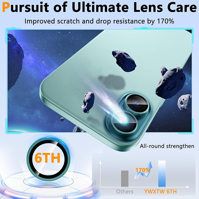 YWXTW for iPhone 16 Plus/iPhone 16 Camera Lens Protector, Individual Anti Scratch Metal Ring Tempered Glass Camera Screen Protector for iPhone 16 Accessories, Case Friendly (Teal) - Image 3