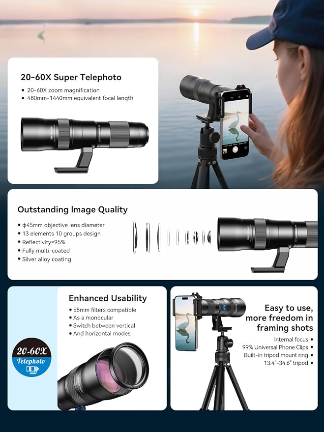MIAO LAB 20-60X Zoom Telephoto Lens, High Power Telephoto Mobile Cell Phone Lens with Tripod & Universal Phone Clip, for iPhone 17/16/15/14/13 Series, Samsung, Android and Most Smartphone - Image 6