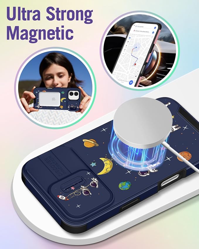 Buleens for iPhone 17 Case 6.3 Inch - with Ring Stand & Camera Cover Aesthetic Cute Designed for Women Girls Girly Cartoon Astronaut Unique Phone Case for iPhone 17 Compatible with Magsafe - Image 4
