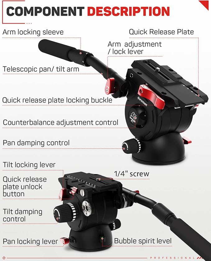 IFOOTAGE Komodo K7 Fluid Head Video Tripod Head with Quick Release | Aluminum Fluid Drag Pan Head for DSLR Camera Camcorder Monopod Tripod, Quick Release Plate, Payload 7KG/15.4LB - Image 5