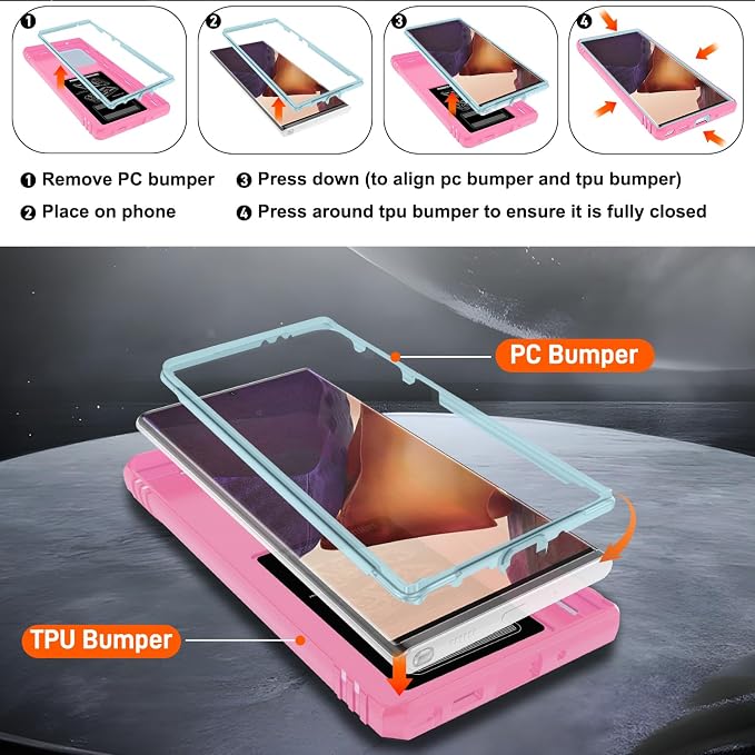 for Samsung Galaxy Note 20 Ultra Case with 2PCS Screen Protector, Build in 360° Rotating Ring Kickstand, Military Grade Protective Case for Samsung Note 20 Ultra Phone Green+Pink - Image 4