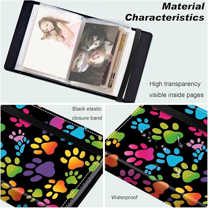Small Photo Album 5x7, 60 Pockets Holds 120 Photos, Slip-in Pocket Photo Album with Black Elastic Band for Family Wedding Baby Travel Pictures, Colorful Paw Prints - Image 5