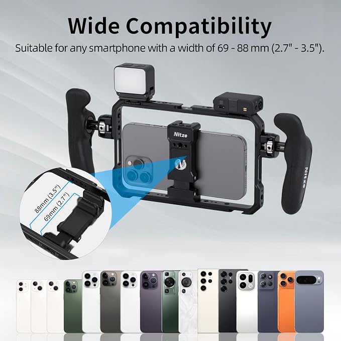 Nitze Smartphone Cage Universal Phone Video Rig - T-MP01B | Ergonomic Side Handles, Adjustable Cellphone Clamp, 5 Built-in Cold Shoes, For Vlogger and Videographer - Image 2