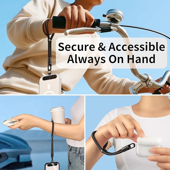 Phone Wrist Strap Lanyard Hand Universal Adjustable Phone Finger Grip Wristlet with 3 Patches Tether Anti Theft for iPhone 16 Pro Max 15 14 Charms for Keychain USB Flash Drive Wallet ID Name Tag Black - Image 6