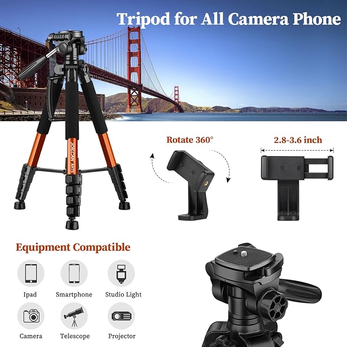 JOILCAN 74" Tripod for Camera Cell Phone Video Photography | Heavy Duty Tall Cameras Tripod Stand, Professional Travel DSLR Tripods, Compatible with Canon iPhone, Max Load 15 LB - Image 4